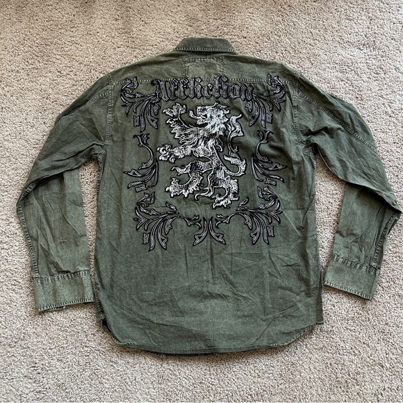 Affliction Y2k Olive Green Embroidered Silver Lion Button Down Cotton Shirt XL - Picture 2 of 7